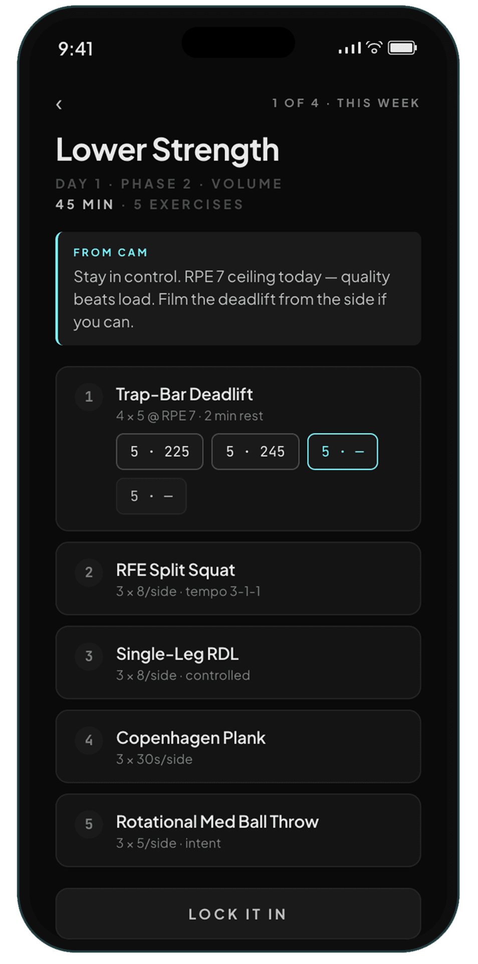Workout screen showing a Lower Strength session with sets, RPE targets, and a 'From Cam' note.