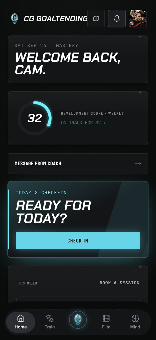 The CGG App's home screen: the greeting, the development score, and today's check-in.