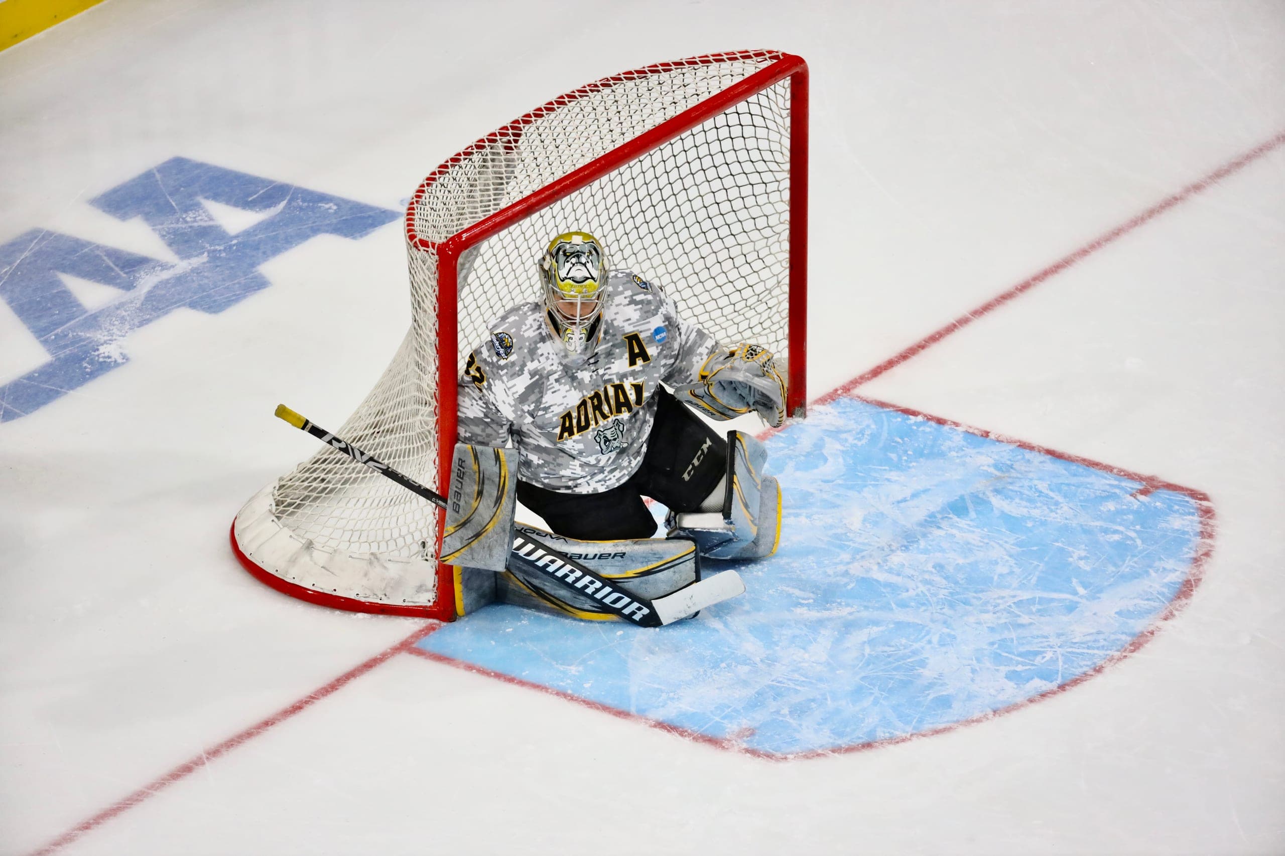 Cam Gray set in his crease on NCAA tournament ice for Adrian College.